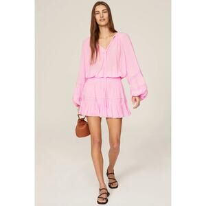 Ramy Brook Kurt Mini Dress Pink V-Neck Long Sleeve Blouson Smocked Waist Size XL